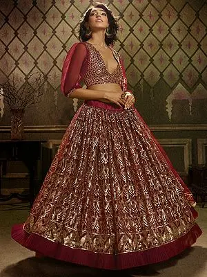 Maroon Soft Net Designer Lehenga and Puff Sleeved Choli with Heavy Sequins Work