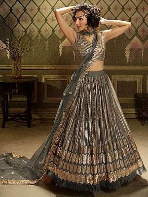 Grey Soft Net Lehenga Choli With All Over Sequins Work And Dupatta