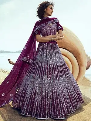 Wine Soft Net Heavily Sequin Embroidered Lehenga Choli with Dupatta