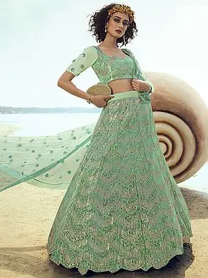 Green Soft Net Lehenga Choli with Sequins Work and Dupatta