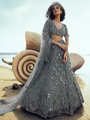 Grey Soft Net Chowkadi Motif Lehenga Choli with Sequins-Thread Work