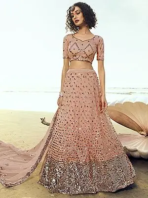 Peach Soft Net Lehenga Choli with Chakra Sequins Work and Dupatta