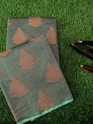 Ultimate-Gray Swiss Cotton Silk Banarasi Saree with Buta and Sea-Green Satin Border