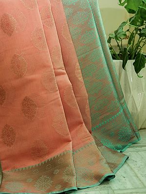 Peach Banarasi Swiss Cotton Silk Saree With All-Over Crest Motif