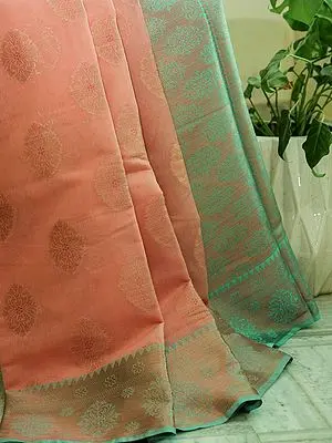 Peach Banarasi Swiss Cotton Silk Saree with All-Over Crest Motif