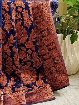 Royal-Blue Banarasi Art Silk Saree With Contrast Orange Panchphool Mor Motif