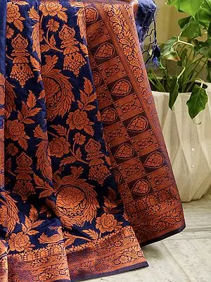 Royal-Blue Banarasi Art Silk Saree with Contrast Orange Panchphool Mor Motif