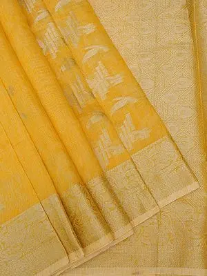 Marigold Brocaded Floral Banarasi Linen Silk Saree with Paisley Bail on the Border