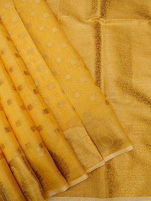 Old-Gold Banarasi Linen Silk Saree With Buti And Bold Paisley Motif On The Border