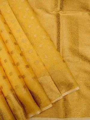 Old-Gold Banarasi Linen Silk Saree with Buti and Bold Paisley Motif on the Border