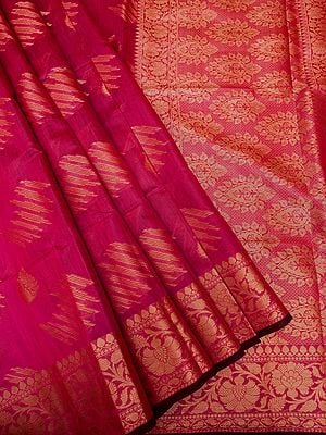 Banarasi Linen Silk Saree With All-Over Mor-Abstract Buta And Bail Buta On The Border