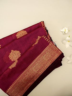 Bright-Rose Banarasi Linen Silk Saree With Floral Crest Motif