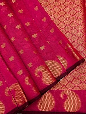 Banarasi Linen Silk Saree With All-Over Buta And Bold Paisley Motif On The Border