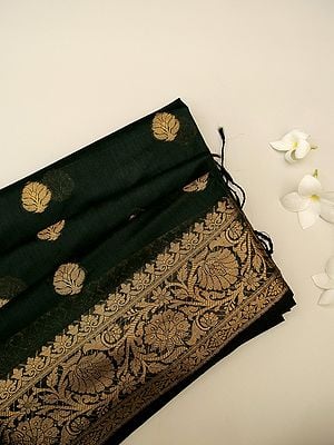Pitch-Black Banarasi Linen Silk Saree With All-Over Buta And Bail Buta On The Border