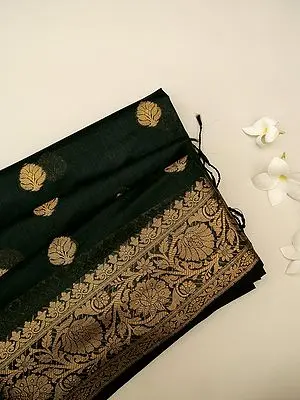 Pitch-Black Banarasi Linen Silk Saree with All-Over Buta and Bail Buta on Border
