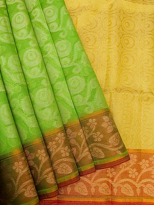 Greenery Banarasi Cotton Silk Saree With All-Over Brocaded Bail Buta