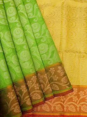Greenery Banarasi Cotton Silk Saree with All-Over Brocaded Bail Buta