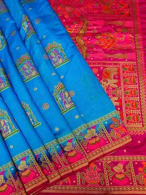 Diva-Blue Banarasi Art Silk Saree with Depiction of Wedding Through Auspicious Motifs