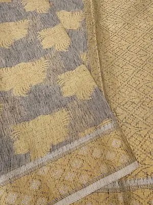 Gray-Cream Banarasi Linen Silk Saree with Brocaded Abstract Pattern