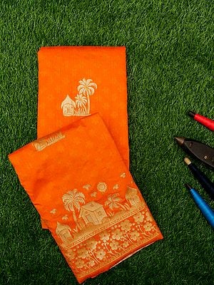 Flame-Orange Banarasi Dupion Silk Saree With Depiction Of Village Through Motifs