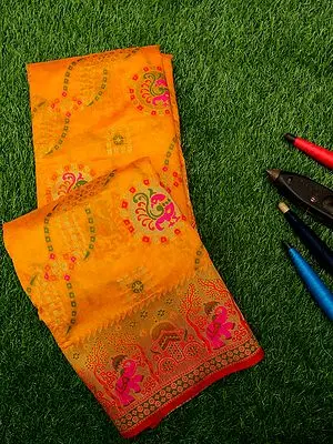 Zinnia Banarasi Dupion Silk Saree with Mor Buta and Elephant-Chariot Motif on Border