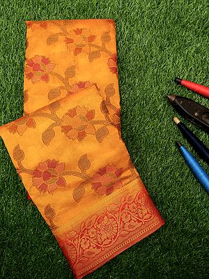 Saffron Banarasi Dupion Silk Saree With Beautiful Floral Vine Pattern All-Over