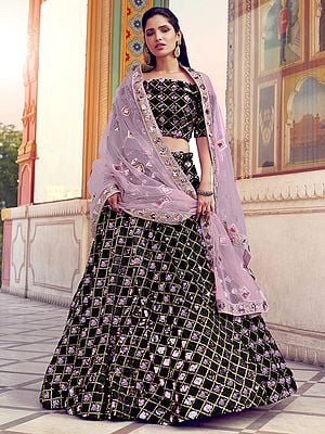 Black Fur Sequins Work Checkered Pattern Lehenga Choli with Pink Soft Net Dupatta
