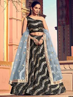 Black Fur Sequins Work Leheriya Pattern Sequin Work Lehenga Choli with Grey Soft Net Dupatta