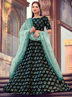 Black Fur Chowkadi Motif Lehenga Choli with Turquoise Sequins Work and Green Soft Net Dupatta