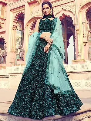 Black Fur Heavy Embellished Lehenga with Choker Neck Choli and Green Soft Net Dupatta