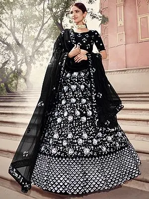 Black Soft Net Lehenga Choli With White Sequins-Dori Work And Soft Net Dupatta