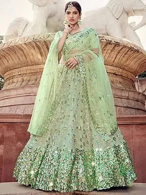 Pista-Green Soft Net Lehenga Choli with Bail Butta Sequins-Thread Work and Dupatta