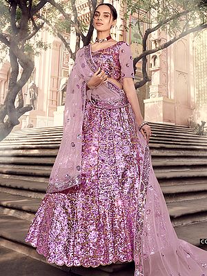 Lilac Soft Net Lehenga and Sweetheart Neck Choli with All-Over Abstract Sequins Work