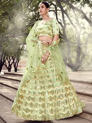 Pista-Green Soft Net Lehenga Choli and Scalloped Pattern Sequins Work with Matching Dupatta