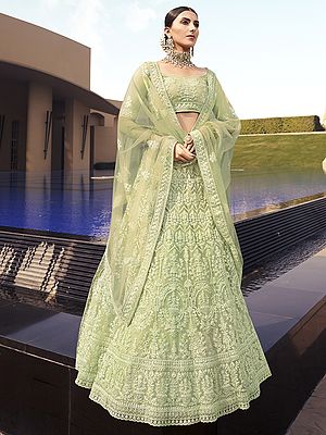 Jade-Lime Soft Net Lehenga Choli With Dori-Sequins Embroidered With Dupptta