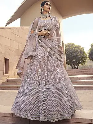 Mauve Soft Net A-Line Pattern Lehenga Choli with Scalloped-Bail Sequins, Dori Work and Dupatta