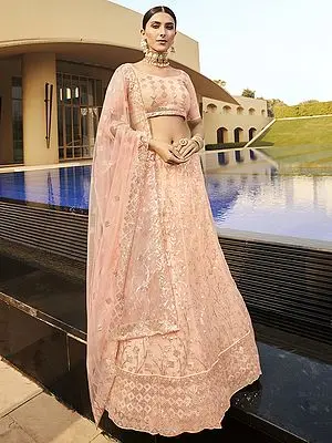 Peach Soft Net Lehenga Choli with Bail Butta Chowkadi Sequins Embroidered and Dupatta