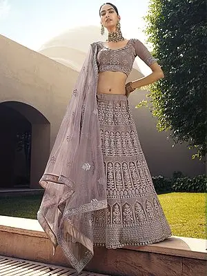 Mauve Soft Net Lehenga Choli with Heavy Sequins-Dori Work and Dupatta