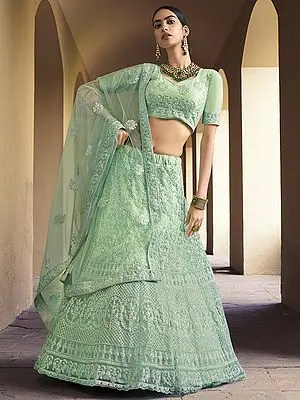 Green Soft Net A-Line Lehenga Choli with Sequins-Dori Work and Butta on Dupatta
