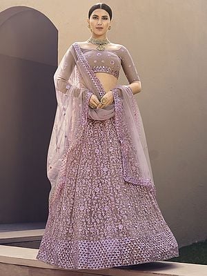 Lilac Soft Net Bail Butta Work on Lehenga and Boat Neck Choli with Sequins-Dori Work