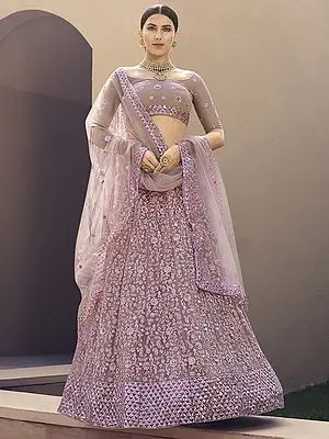 Lilac Soft Net Bail Butta Work on Lehenga and Boat Neck Choli with Sequins-Dori Work