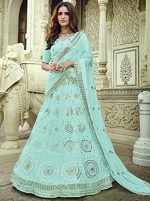 Mint-Blue Georgette Lehenga Choli with Bundi Work and Scalloped Dupatta