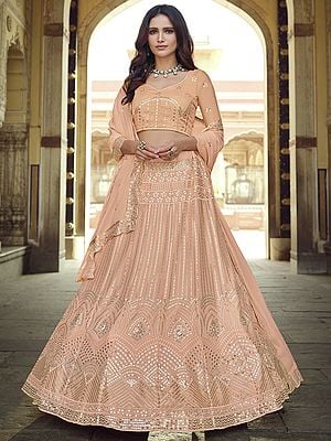 Peach Georgette Lehenga Choli With Archaic Pattern Sequins-Thread Work And Dupatta