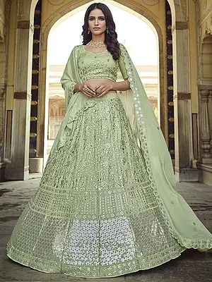 Lime Georgette Lehenga Choli with Floral-Vine Sequins-Thread Work and Dupatta