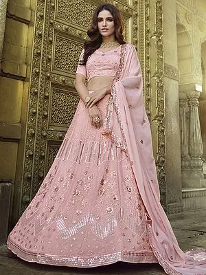 Baby-Pink Georgette Lehenga Choli with Bail Buta Sequins-Thread Work and Dupatta