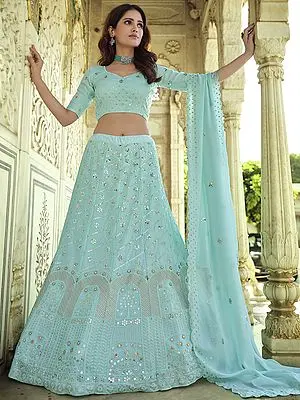 Baby-Blue Georgette Lehenga Choli with Sequins-Thread Work and Designer Dupatta