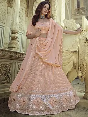 Peach Georgette Flared Lehenga Choli with Laddi Sequins-Thread Work and Dupatta