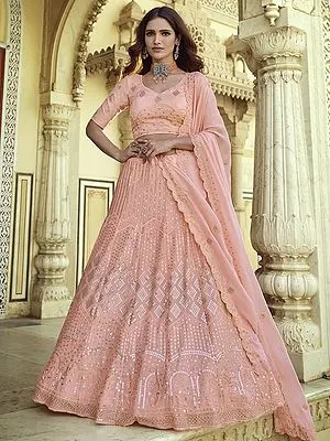 Peach Georgette Lehenga Choli with Chowkadi Sequins-Thread Work and Dupatta