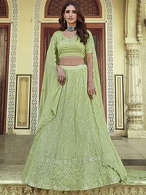 Greenery Georgette Lehenga Choli with Sankha-Chevron Sequins-Thread Work and Scalloped Dupatta