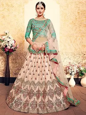 Peach Satin Panelled Lehenga and Green Quarter Sleeve Choli with Resham, Stone, Pearl Embroidery Butta